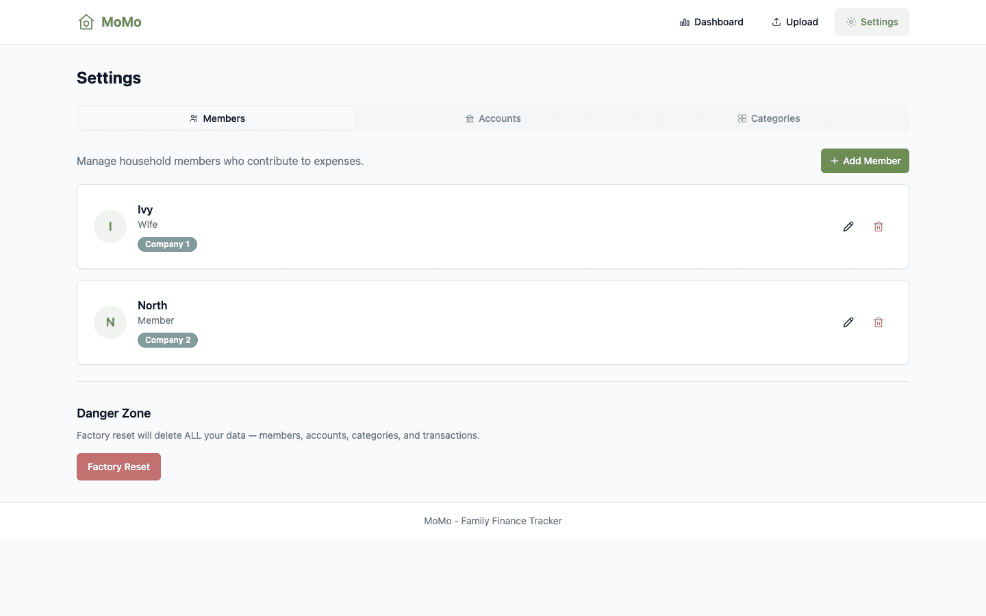 MoMo Settings screenshot